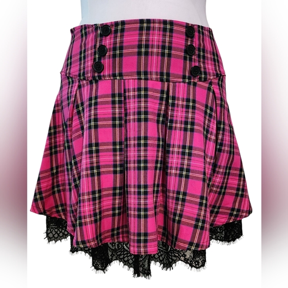 Hot Topic Pink Tartan Lace Trim Pleated Skater Skirt Women's L - Picture 1 of 11